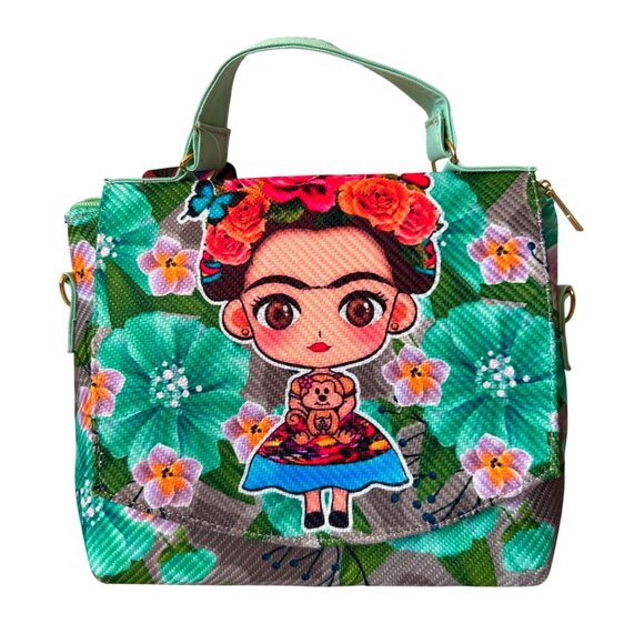 Frida Kahlo floral versatile 3 in 1 messenger handbag in aqua green women medium - Picture 1 of 9